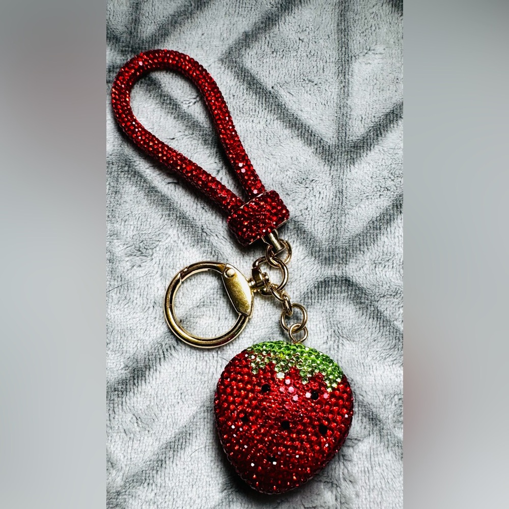 Red Rhinestone Strawberry Keychain with Gold Hardware